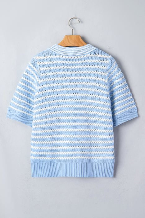 Sky Blue Stripe Short Sleeve Knit V Neck Bow Knot Sweater