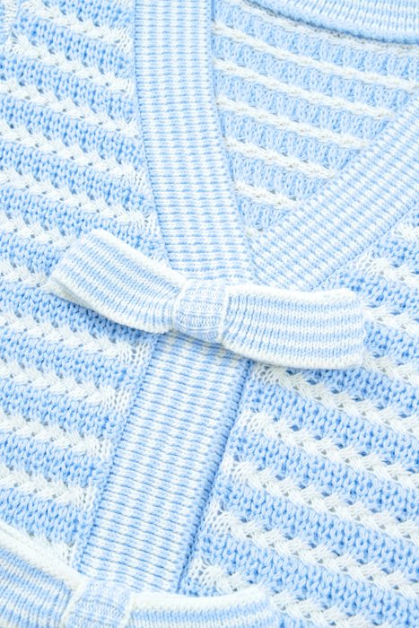 Sky Blue Stripe Short Sleeve Knit V Neck Bow Knot Sweater
