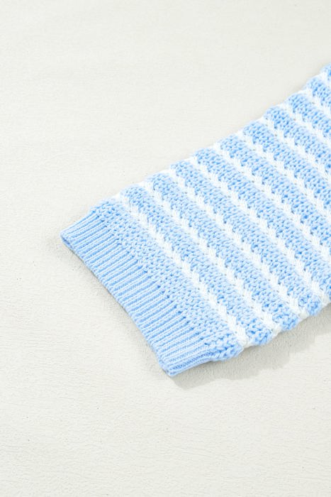 Sky Blue Stripe Short Sleeve Knit V Neck Bow Knot Sweater