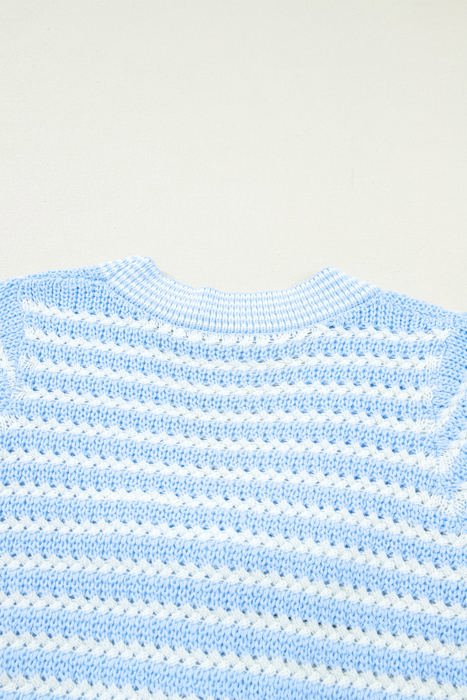 Sky Blue Stripe Short Sleeve Knit V Neck Bow Knot Sweater