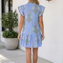  Sky Blue Wild Floral Print Scalloped Embroidery Trim V Neck Drop Waist Mini Dress