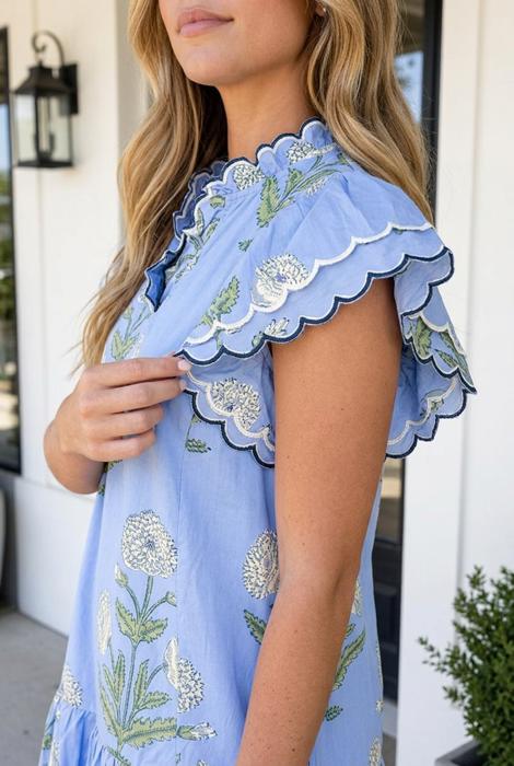 Sky Blue Wild Floral Print Scalloped Embroidery Trim V Neck Drop Waist Mini Dress