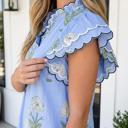  Sky Blue Wild Floral Print Scalloped Embroidery Trim V Neck Drop Waist Mini Dress