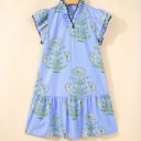  Sky Blue Wild Floral Print Scalloped Embroidery Trim V Neck Drop Waist Mini Dress