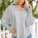  Skye Smocked Cuffed Striped Boyfriend Shirt with Pocket