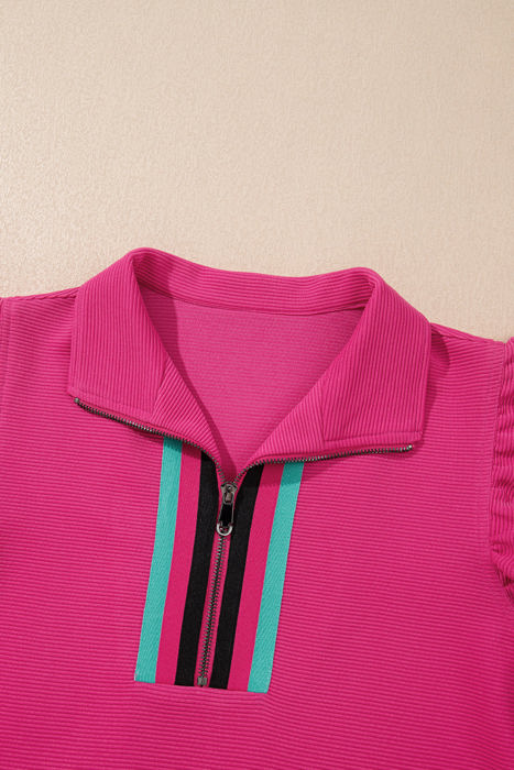 Sol Striped Detail Flutter Sleeve Zipped Collar Short Set