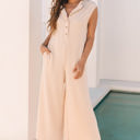  Textured Buttoned Wide Leg Sleeveless Jumpsuit