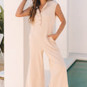  Textured Buttoned Wide Leg Sleeveless Jumpsuit