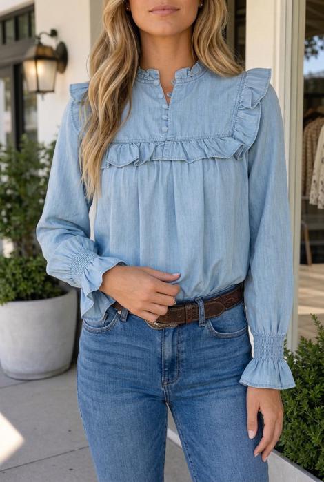 Toni Sleeve Chambray Blouse Long Sleeve Top