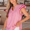 Rose Stripe Medium Treasure Ruffled Short Sleeve Blouse