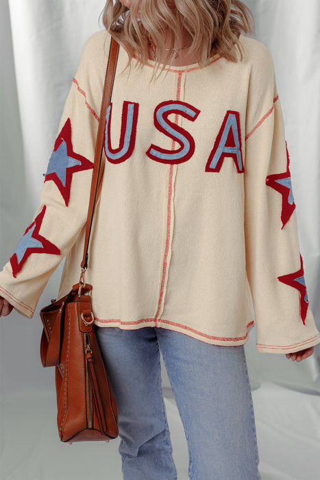 USA Patchwork Exposed Seam Long Sleeve Top