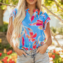 Sky Blue Small Vada Floral Pompom Trim Flutter Sleeve Blouse