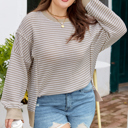 Brown Stripe 3X Vanessa Knit Ribbed Trim Long Sleeve PLUS Top