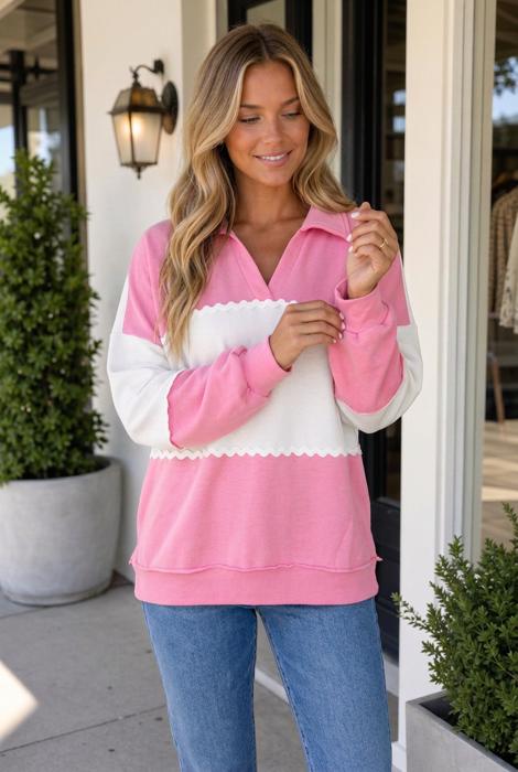 Vanessa Trim Patchwork Collar Long Sleeve Top