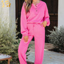 Bright Pink XL Vera Raw Edge Half Buttons Pullover and Jogger Pants Set