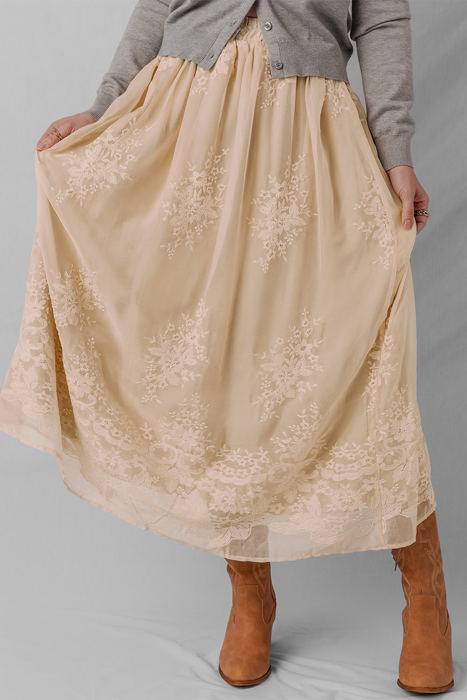 Vivienne Embroidered Mesh Overlay Long Skirt