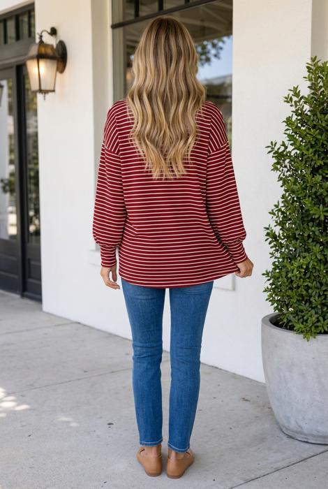 Wandah Stripe Drop Shoulder Long Sleeve Top