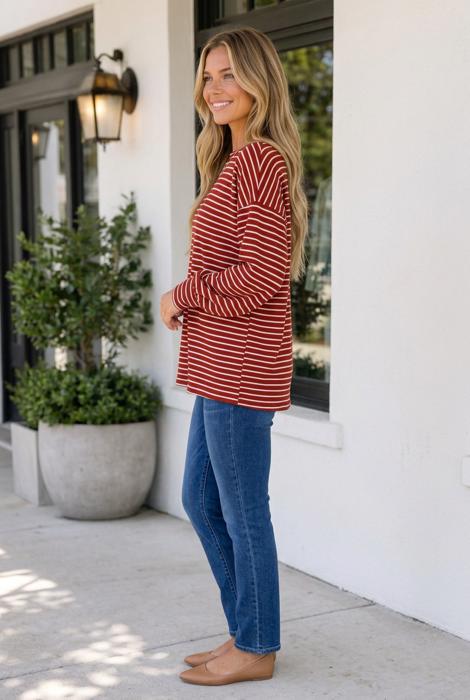 Wandah Stripe Drop Shoulder Long Sleeve Top