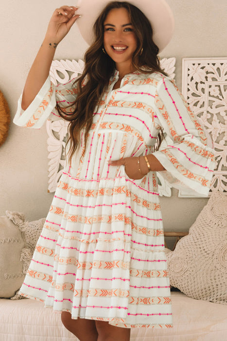 Winnie Bracelet Sleeve Slit Neck Ruffled Loose Dress