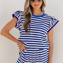 Blue Stripe Large Xiomara Trim Cap Sleeve Top