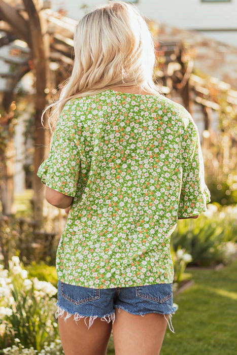 Yusra FloralRuffle Sleeve V Neck Blouse