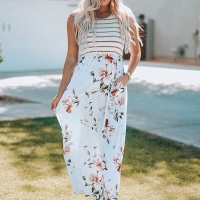 Zora Striped Floral Sleeveless Maxi Dress with Pocket