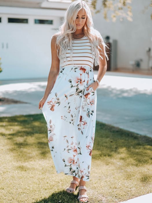 Zora Striped Floral Sleeveless Maxi Dress with Pocket