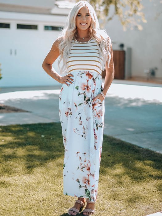 Zora Striped Floral Sleeveless Maxi Dress with Pocket
