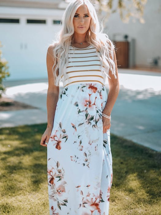 Zora Striped Floral Sleeveless Maxi Dress with Pocket
