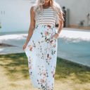 White Medium Zora Striped Floral Sleeveless Maxi Dress with Pocket
