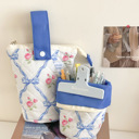Blue Quilted Bow Floral Fold Down Pencil Bag