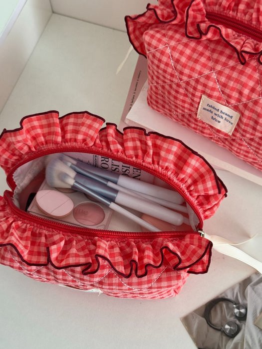 Gingham Ruffle Top Makeup Bag