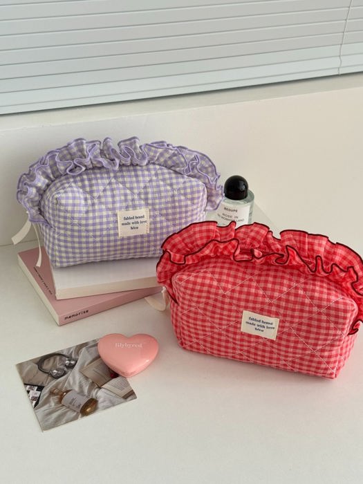 Gingham Ruffle Top Makeup Bag