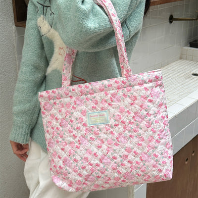 Pink Floral Bunny Quilted Tote Bag