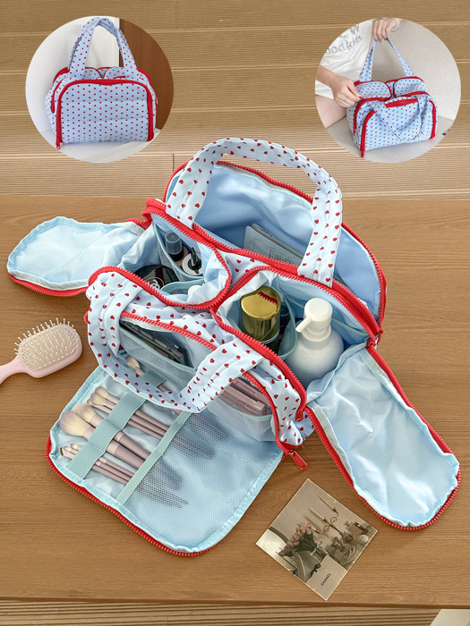 Quilted Heart Print Travel Cosmetic Organizer Bag