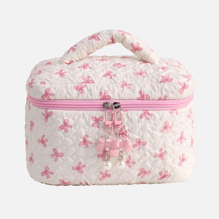 Quilted Bow Print Zip Top Makeup Bag