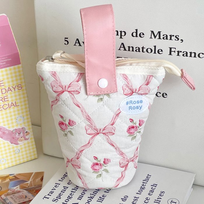 Quilted Bow Floral Fold Down Pencil Bag