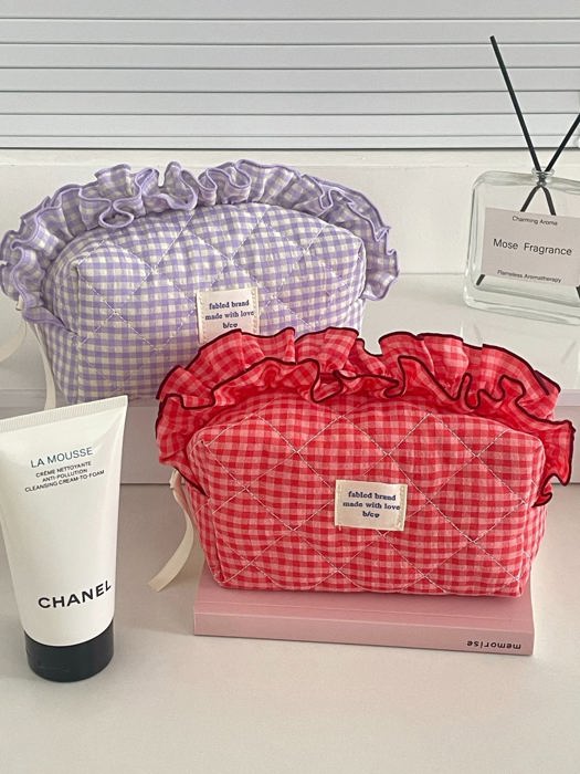 Gingham Ruffle Top Makeup Bag