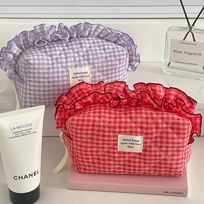 Gingham Ruffle Top Makeup Bag