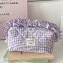 Purple Gingham Ruffle Top Makeup Bag