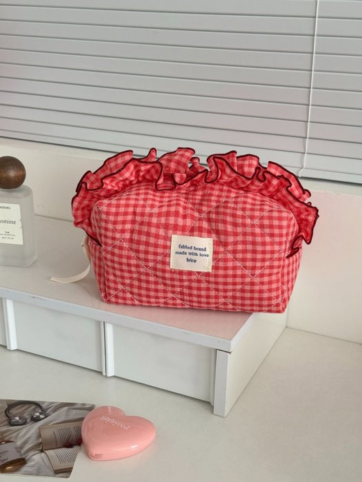 Gingham Ruffle Top Makeup Bag