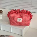 Red Gingham Ruffle Top Makeup Bag