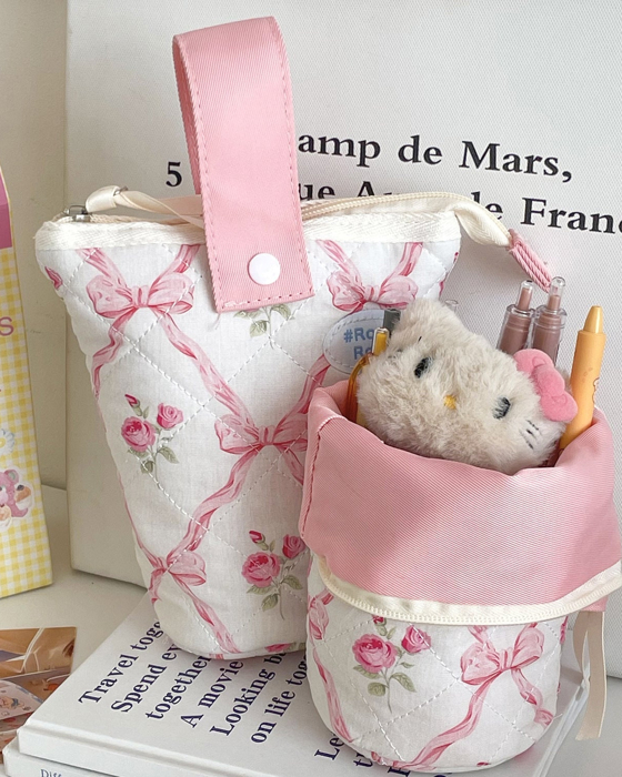 Quilted Bow Floral Fold Down Pencil Bag