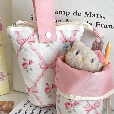 Quilted Bow Floral Fold Down Pencil Bag