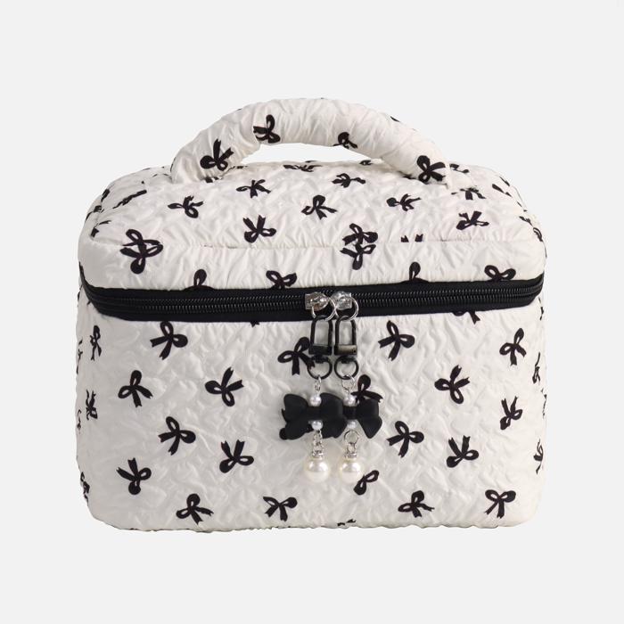 Quilted Bow Print Zip Top Makeup Bag