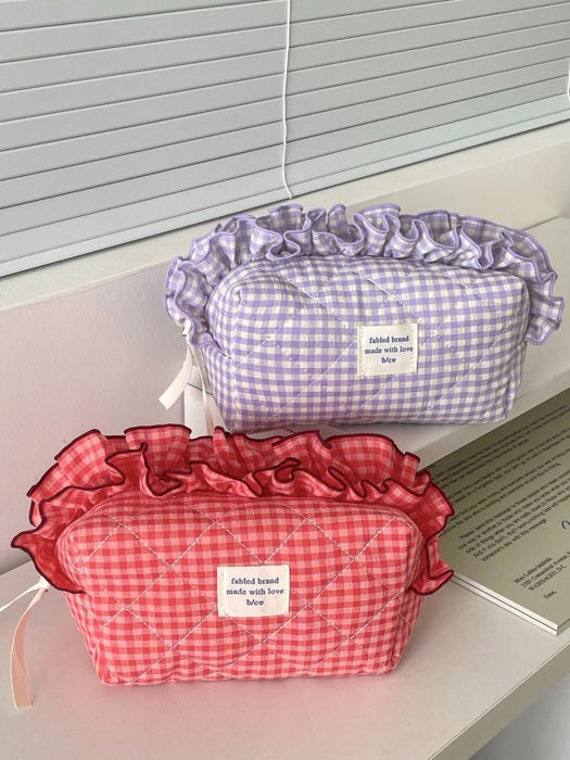 Gingham Ruffle Top Makeup Bag