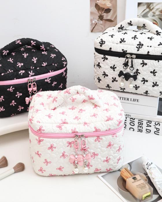 Quilted Bow Print Zip Top Makeup Bag