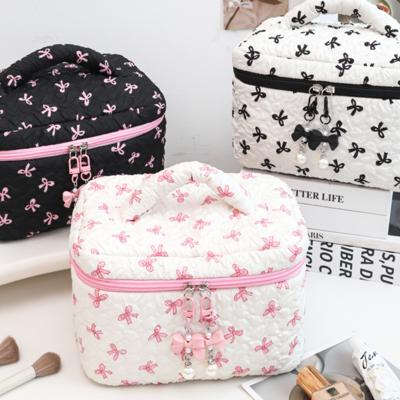 Quilted Bow Print Zip Top Makeup Bag