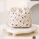 Red Flower Patterned Quilted Drawstring Cosmetic Bag