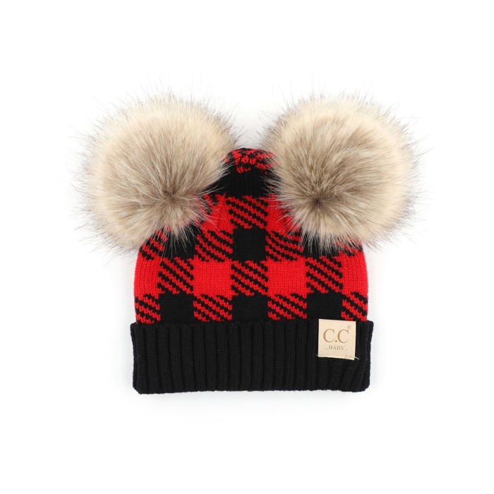 C.C® Beanie Baby & Kids Buffalo Plaid Double Pom Hats